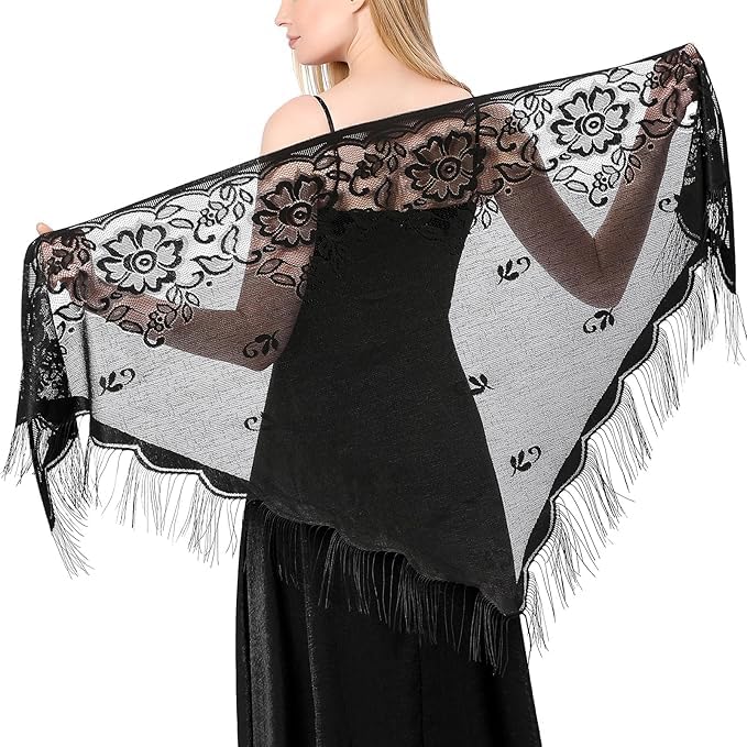 Alexvyan Floral Design Triangle Lace Stole and Wraps for Evening Dresses with Tassels for Evening Party Mesh Wedding Shawls for Summer