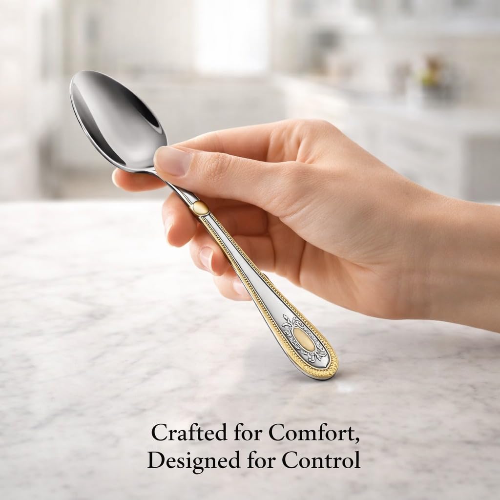 ANH MART Mirror Finish Silver Gold Plated Stainless Steel Flatware Set Copper Silverware Set Rose Gold Spoon Color Cutlery Set [Dinner Fork-Tea Spoon-Salad Spoon-Knife] Set of (Silver Gold, 4)