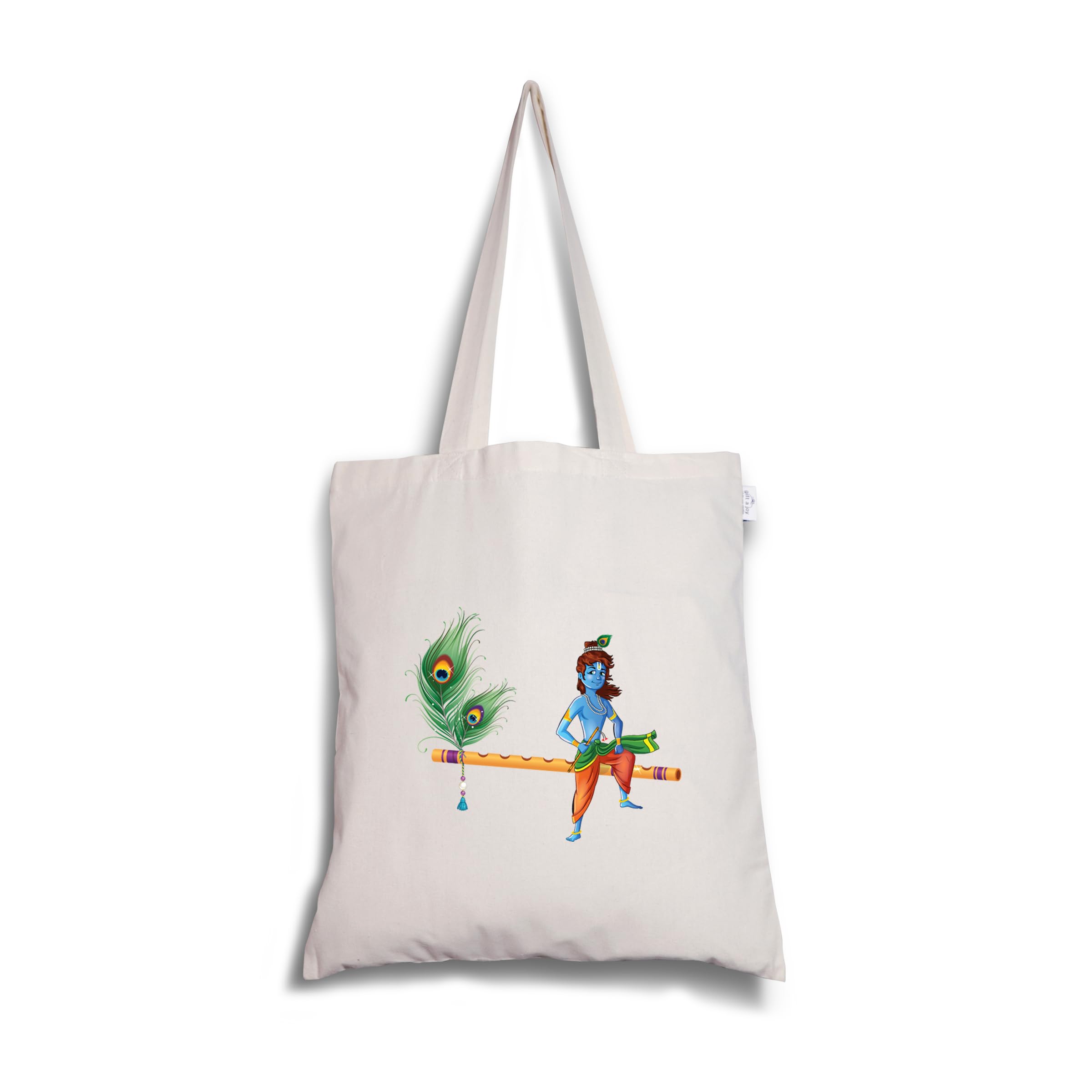 Gift a Joy Krishna On Flute Printed Cotton Canvas Tote Bag for Women | Reusable Eco-Friendly Shoulder Shopping Bag | Office, College, Travel & Everyday Use