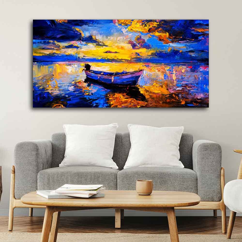 VIBECRAFTS Boat Sunset over Ocean Premium Canvas Wall Painting With Frame for Living Room Drawing Room Home|Office|Gift (PTVCH_2227N)
