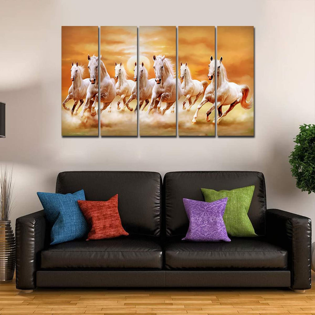 VIBECRAFTS White Running Horses 5 Pieces Canvas Wall Painting For Home | Office | Living Room | Gift (PTVC5Pcs4_8507)
