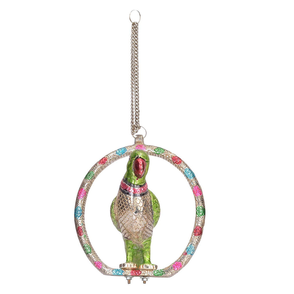 KridayKraft Prince Home Decor & Gifts Hanging Parrot Showpiece – White Metal Decorative Bird with Green Accents & Chain for Home Décor, Balcony (24 x 7.5 x 21 cm, 910 g, 50 cm, Silver)