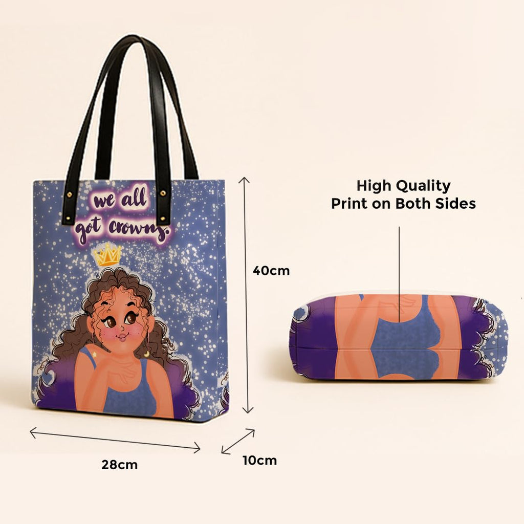 Kalankit Classic Tote Bag For Women | Canvas Printed Totes For Women | Aesthetic Shoulder College Bag For Girls | Vegan Leather Lightweight Everyday Handbag | Gift for Woman | We all got Crowns