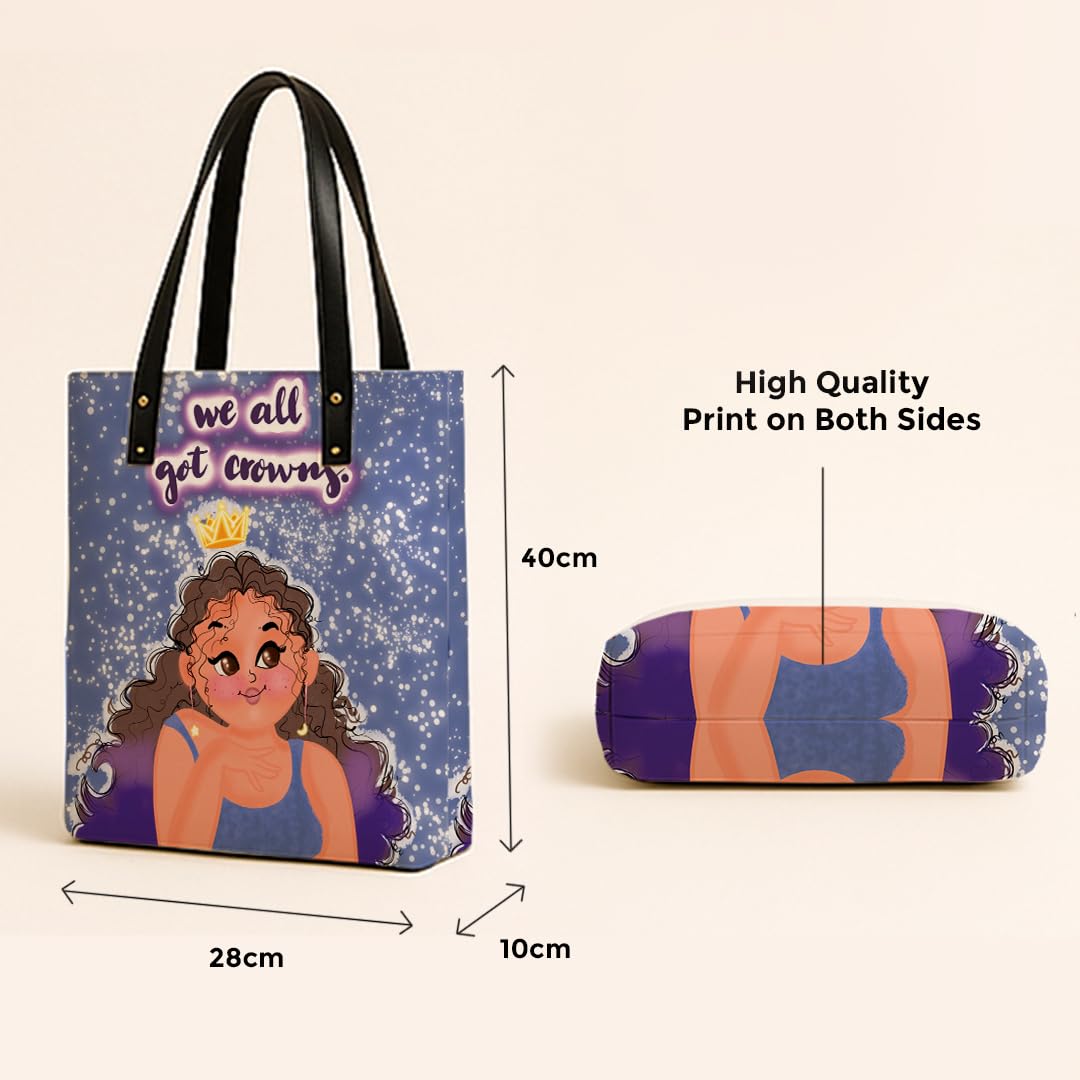 Kalankit Classic Tote Bag For Women | Canvas Printed Totes For Women | Aesthetic Shoulder College Bag For Girls | Vegan Leather Lightweight Everyday Handbag | Gift for Woman | We all got Crowns