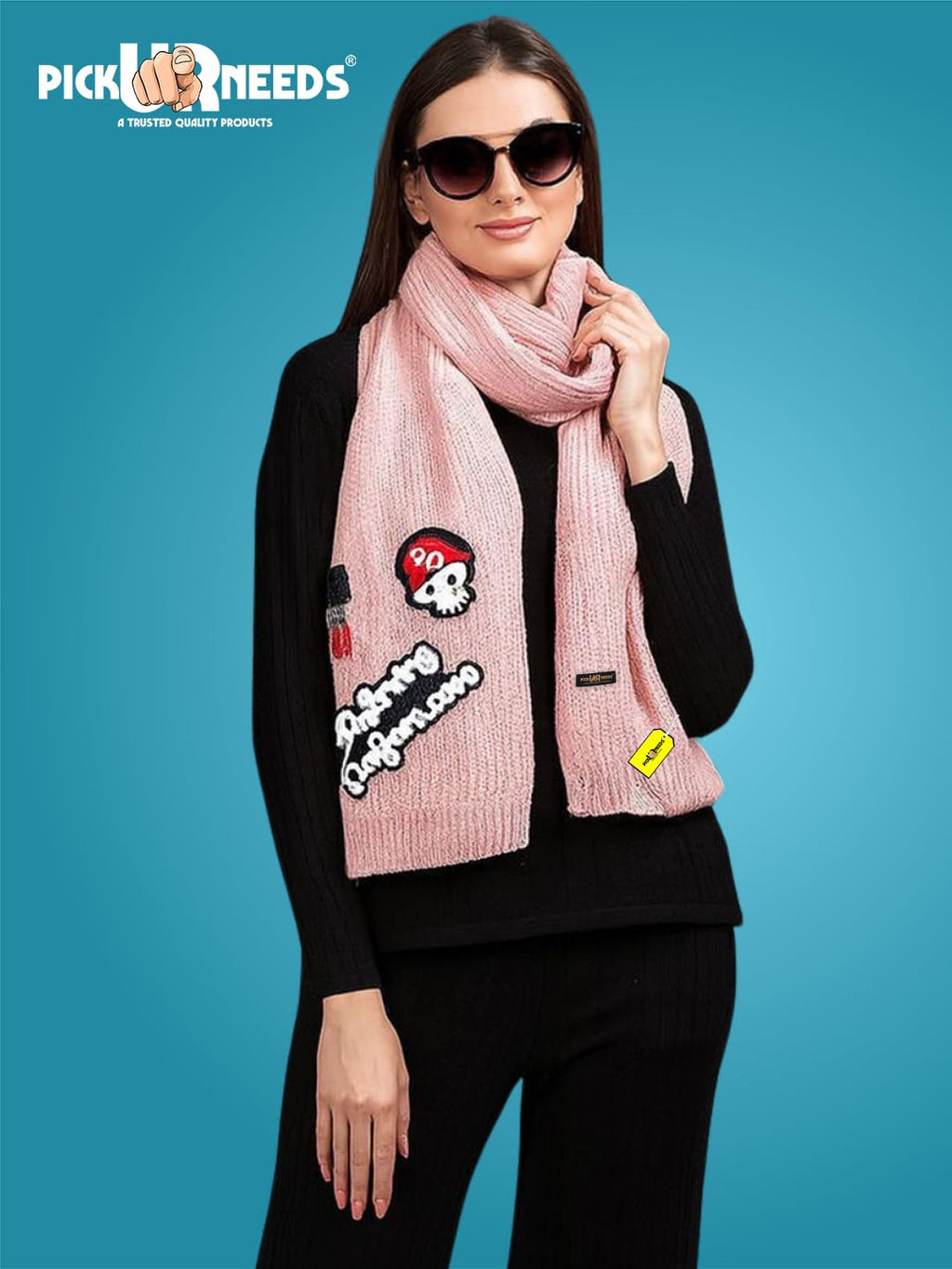 Pick Ur Needs Women Winter Woolen Muffler with Trendy Patch Design Soft Warm Knitted Scarf for Girls & Ladies Stylish Casual Mufflers (Baby Pink)