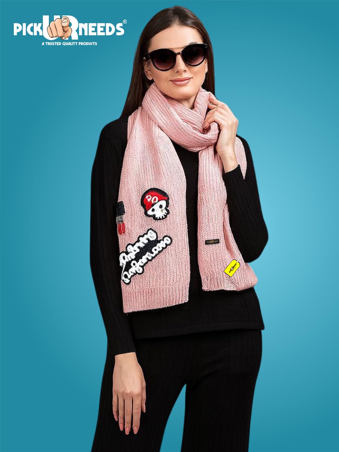 Pick Ur Needs Women Winter Woolen Muffler with Trendy Patch Design Soft Warm Knitted Scarf for Girls & Ladies Stylish Casual Mufflers (Baby Pink)