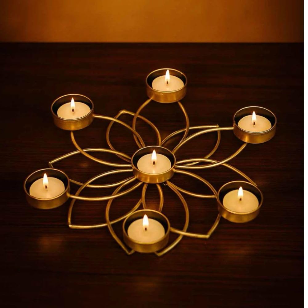 ATRANGI STUDIO Lotus Iron Tealight Holder | Handcrafted Festive Decor | Designer Tealight Candle Holder | Hold 3 tealight Candles | Perfect for Pooja Shelf, Side Table & Gifting | 12 Inch