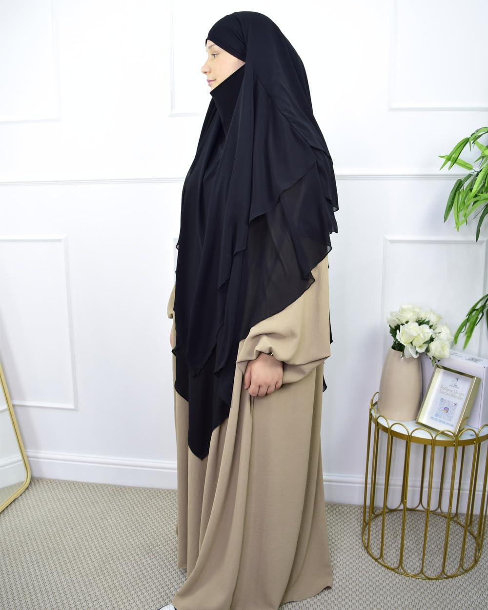 Triple Layer Khimar Hijab, Black Chiffon, Full Length Islamic Prayer Scarf