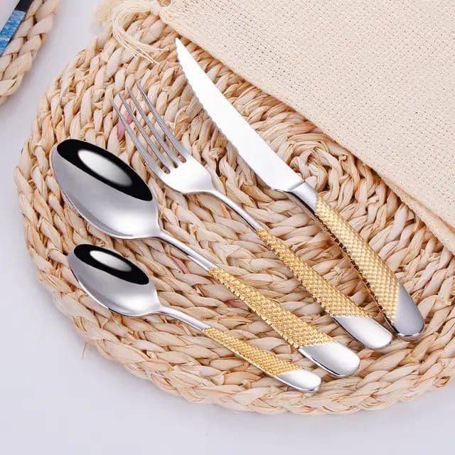 ANH MART Mirror Finish Gold Plated Stainless Steel Flatware Set Copper Silverware Set Rose Gold Spoon Color Cutlery Set [Dinner Fork-Tea Spoon-Salad Spoon-Knife] Set of (Golden DOT, 8)