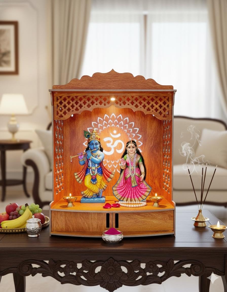 Bien Verrerie Wooden Home Temple with LED Light, 5.2mm MDF Wood, Om Symbol Design, 20x15x7.6 Inches, Storage Shelf Door, Pooja Mandir for Home and Office