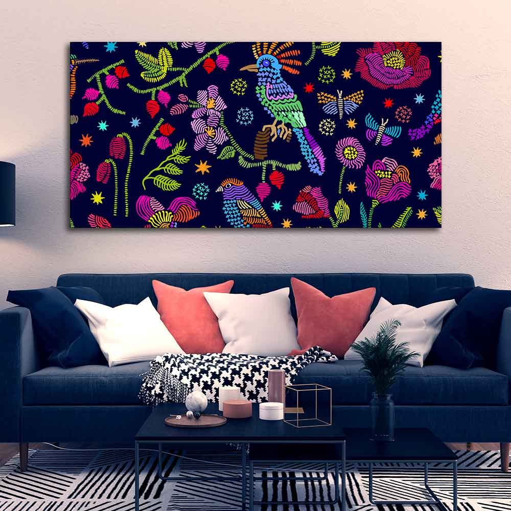 VIBECRAFTS Canvas Paintings for Living Room Drawing Room Canvas Folk Art Painting of Birds, Flowers & Butterfly for Home|Office|Gift(PTVCH_2389)