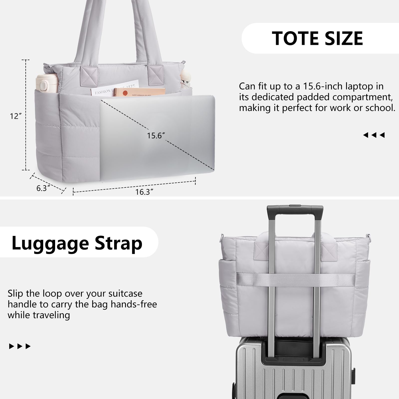 Puffer Tote Bag for Women Quilted Nurse Bag Lightweight Work Bag for Teacher Travel Handbag with Multiple Pockets, Light Gray, Large