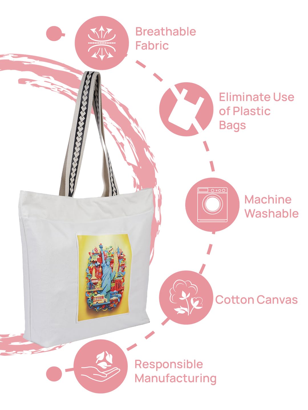 WOTM On The Move Tote | Premium Printed Cotton Canvas Tote Bag with Zipper & Inside Pocket, Stylish Everyday Travel Bag for Work, College, Office, Travel, Shopping (Newyork)