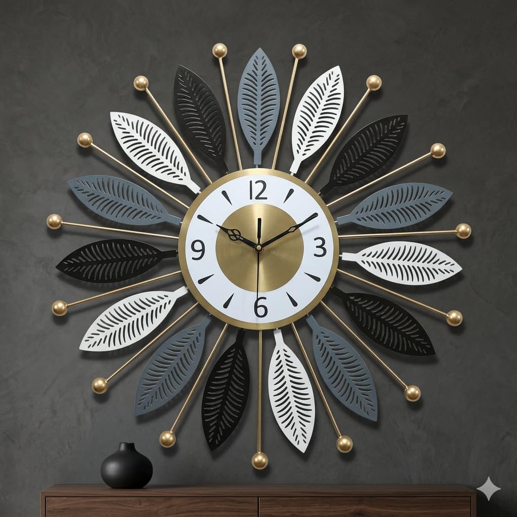 Mahira Artefacts Metal Starburst Wall Clock, Multicolour Leaf Spokes with Gold Accents, Silent, Battery Powered, Art Deco, Large