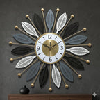 Mahira Artefacts Metal Starburst Wall Clock, Multicolour Leaf Spokes with Gold Accents, Silent, Battery Powered, Art Deco, Large