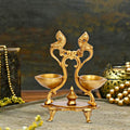 Artvarko Brass Peacock Bird Double Oil Lamp for Pooja Engraved Design Table Diya Beautifully Carved Deepak for Temple Decoration 6.5 Inch