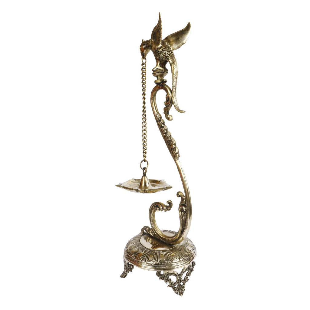 Svarup 24 Inch Gold Color Brass Parrot Long Chain Oil Lamp Diya: Perfect for Home Temple, Deepak Pooja, Camphor/Kapur Burner, Dia Table Top Puja, and Jyot Lighting