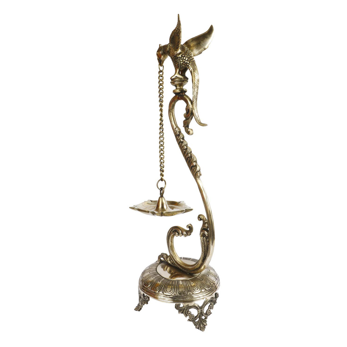 Svarup 24 Inch Gold Color Brass Parrot Long Chain Oil Lamp Diya: Perfect for Home Temple, Deepak Pooja, Camphor/Kapur Burner, Dia Table Top Puja, and Jyot Lighting