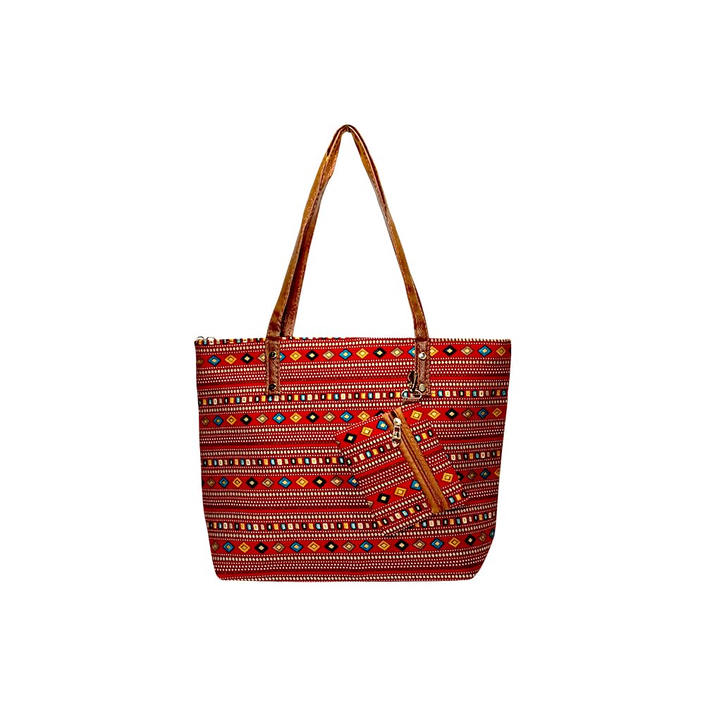 STYLE BA Women's Tote Bag With Leather Handles & Embroidery Printed Handbag With Zip Pockets, Shoulder Tote Bag And Handbag (Maroon)