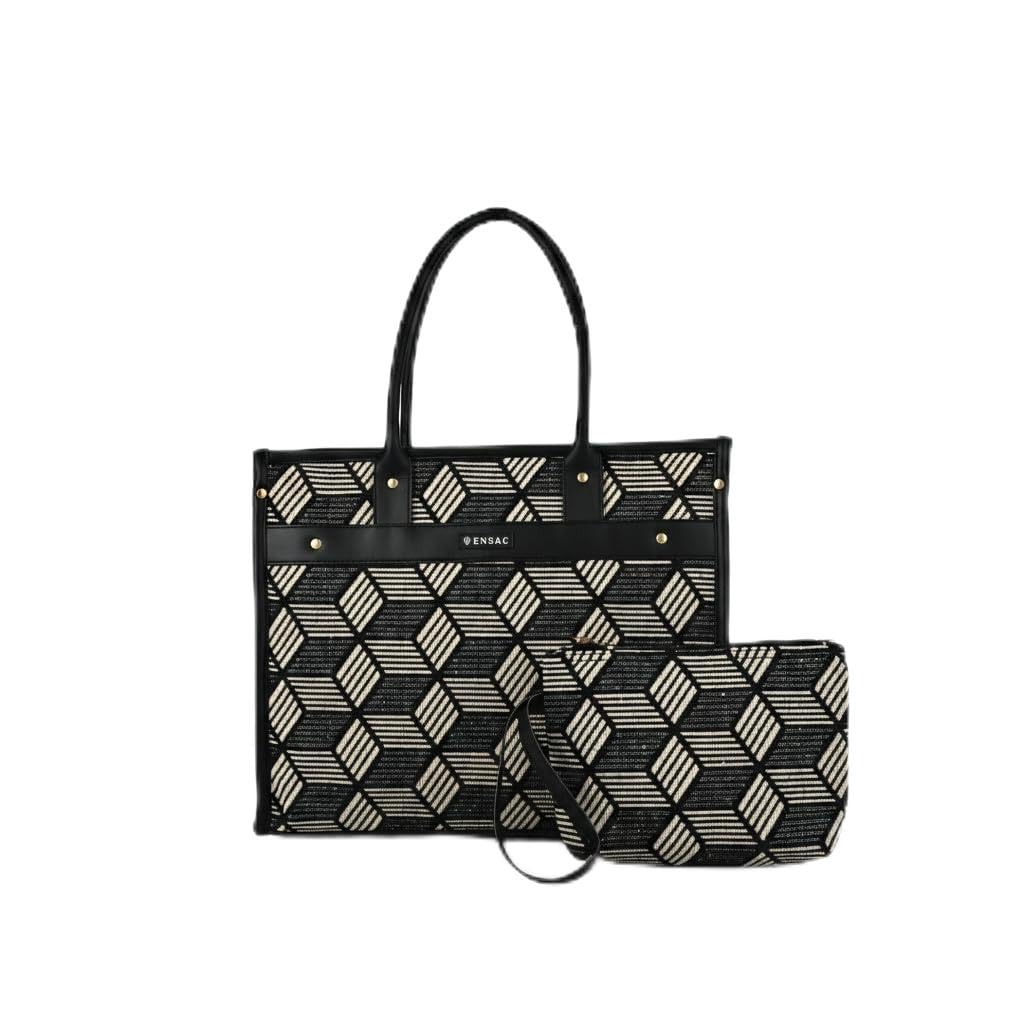 ENSAC Women’s Canvas Tote Bag with Ethnic Design | Durable Laptop Handbag with Zipper Pouch Lightweight Shoulder Handbag with Multi Compartment | Travel, Office, Gym & Daily Use