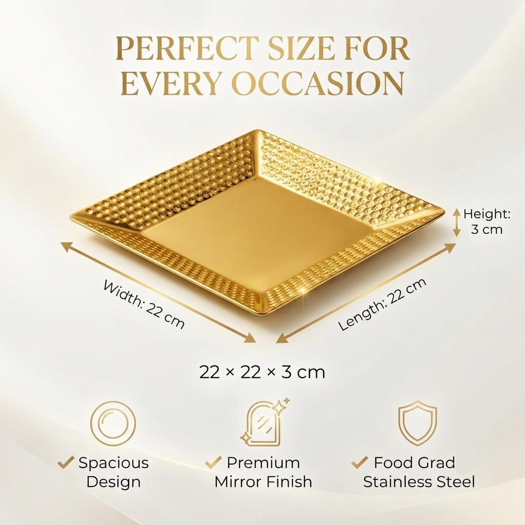 Kruvad Stainless Steel Gold Hammered Decorative Tray for Vanity Perfume Jewelry Makeup Organizer Square Serving Plate for Snacks Dry Fruits Dining Table Dresser Bathroom Counter & Home Decor