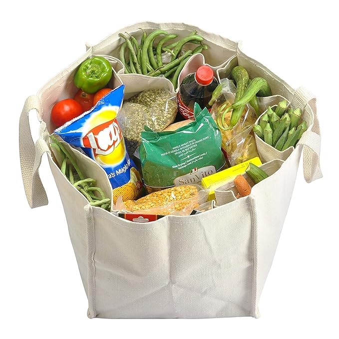 Any Time Unisex-Adult Heavy Duty Cotton Canvas Reusable Vegetable Utility Bag/Grocery Bag/Carry Bag/Shopping Bag With 6 Compartments/Pockets For Organized Storage, White Pack Of 1
