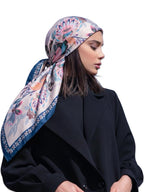 leeza store Women's Silk Scarf For Women – Soft Cream Digital Printed Floral Folk Art, 40X40 Stylish Stole & Headscarf