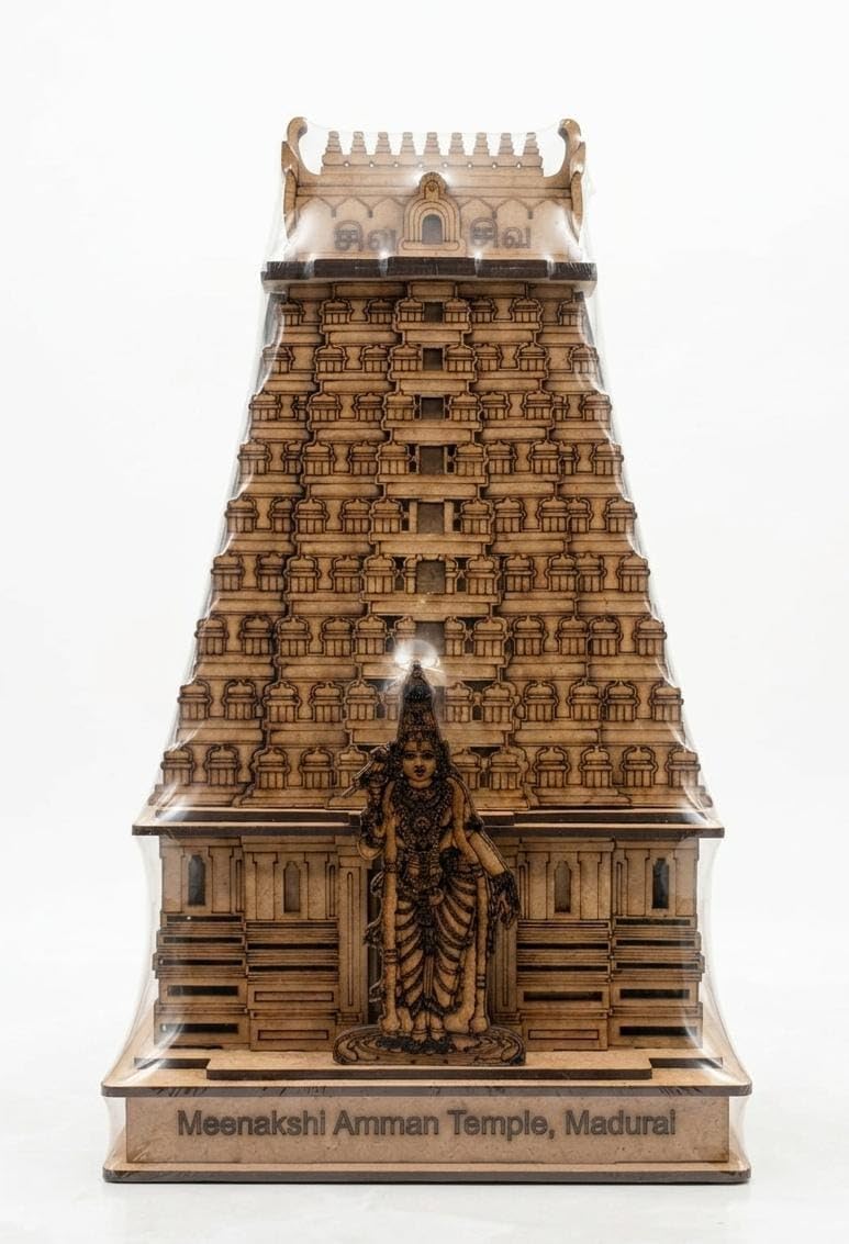 Meenakshi Amman Temple Madurai 3D Wooden Model – 10 Inch MDF Gopuram Miniature Replica | Hindu Temple Showpiece for Home Temple, Office Desk, Pooja Room Decor & Housewarming Gift