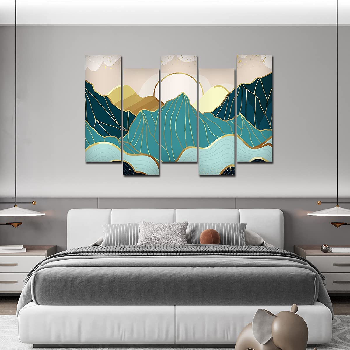 VIBECRAFTS Abstract Mountains with Sunrise Background 5 Pieces Canvas Wall Painting For Home|Office|Living Room|Gift (PTVC5Pcs3_7501)