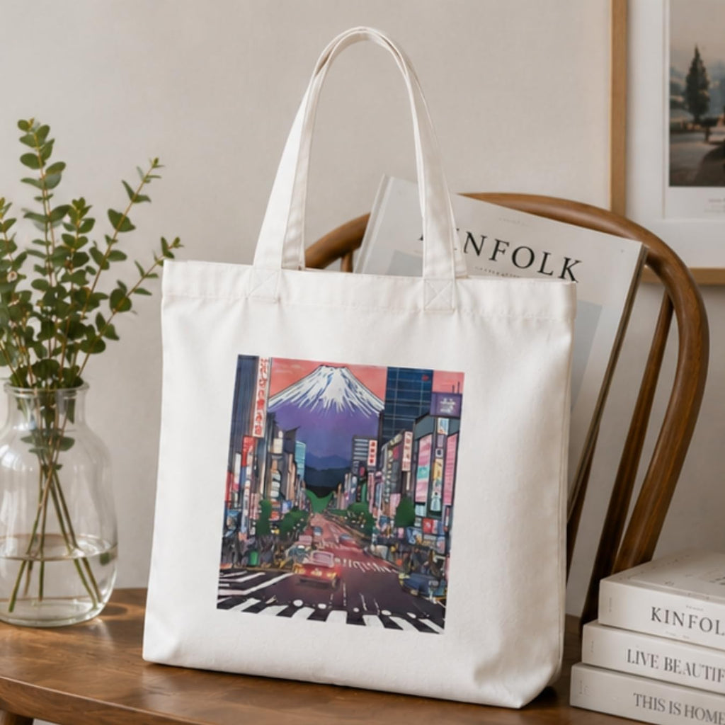 Adorvue Tokyo Japanese Cityscape Art Printed Tote Bag Stylish Eco-Friendly Cotton Handbags, Canvas Bags for College, Shopping, Office, Travel, Grocery Runs, Beach Day and Casual Outings Pack of 2
