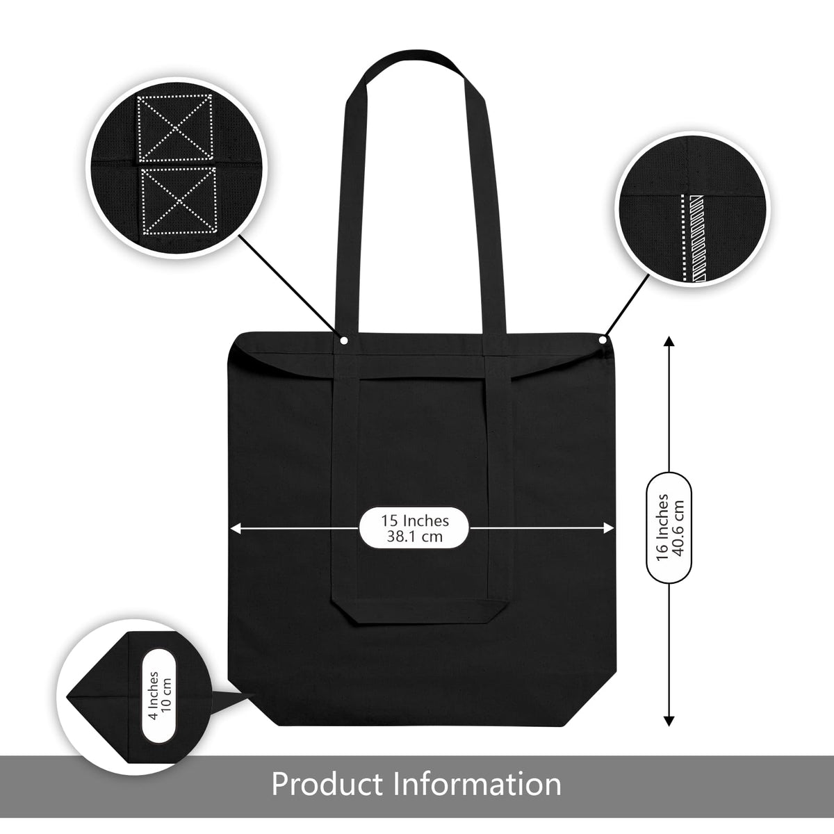 TOPDesign 1-Pack Cotton Tote Bag with 4 Gusset, 15x16x4 Economical Lightweight Reusable Grocery Shopping Cloth Bags, Bulk Blank Plain Totes for DIY, Vinyl, Sublimation, Gift (Black)