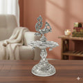 Kridaykraft Metal Peacock Diya Samai Oil Lamp, Silver Finish, Traditional Indian Decor, 19 cm Height, 270 gm, Handcrafted Design