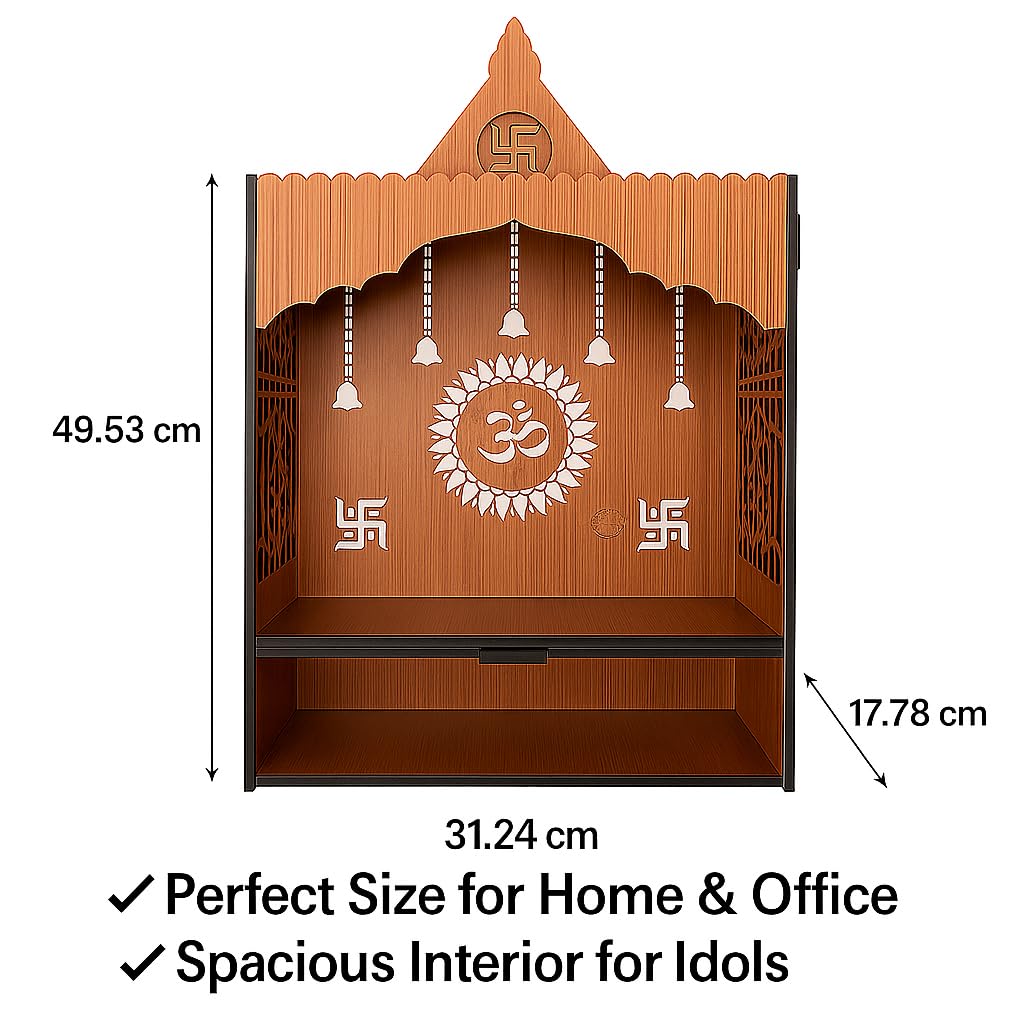 HomeTrikka™ Shubh Kripa Wooden Slider Temple | Elegant Medium Wall-Mounted Pooja Mandir with Storage & LED Light | Lightweight Pooja Stand for Home & Office | Size H-19.5 x L-12.3 x W-7 Inch