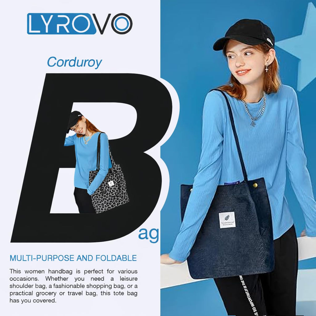 Lyrovo Women Corduroy Shoulder Tote Bag for Work Beach Travel and Shopping Grocery (Leopard)