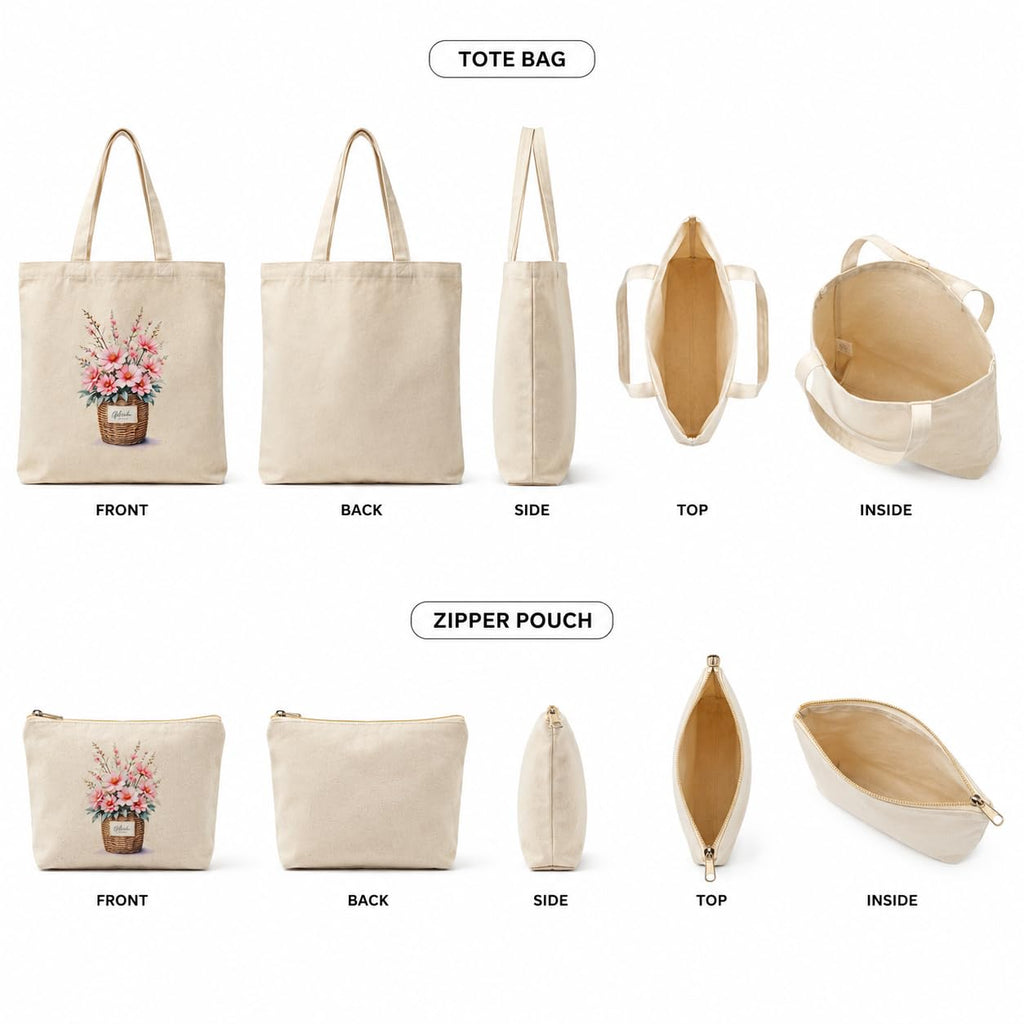 Esycarry Vase Print Canvas Tote Bag with Matching Zipper Pouch Set for Women, Artistic Cotton Shopping Tote with Organizer Pouch, Reusable Handbag for Work, Travel & Everyday Use