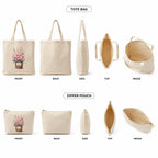 Esycarry Vase Print Canvas Tote Bag with Matching Zipper Pouch Set for Women, Artistic Cotton Shopping Tote with Organizer Pouch, Reusable Handbag for Work, Travel & Everyday Use
