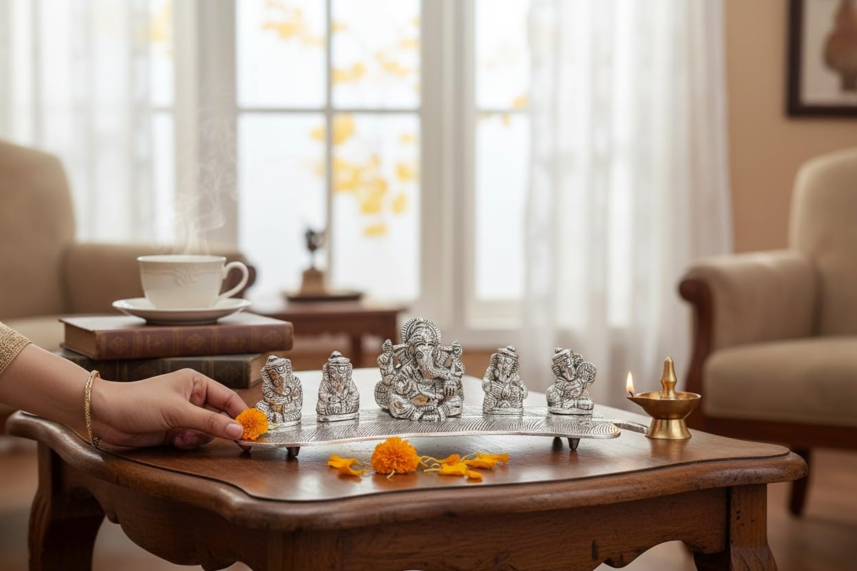 KridayKraft White Metal 5 Ganesh Silver Plated with Musical Instrument on Leaf for Home Décor Musical Ganesha for Home Décor of Corporate Gift, Diwali, House