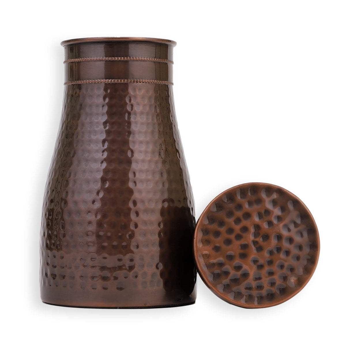 Tambra Copper Bedroom Jar with Inbuilt Glass | Rarity Hammered Design | Handcrafted, Leakproof, Jointless | Ayurvedic Benefits, Antioxidant Properties | 1200 ml (Pack of 2)