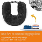 Travel Neck Pillow Set with Eye Mask, U-Shape, Velvet, Grey, Soft Fiber Filling, for Flight, Train and Car, Button Closure, (Grey)