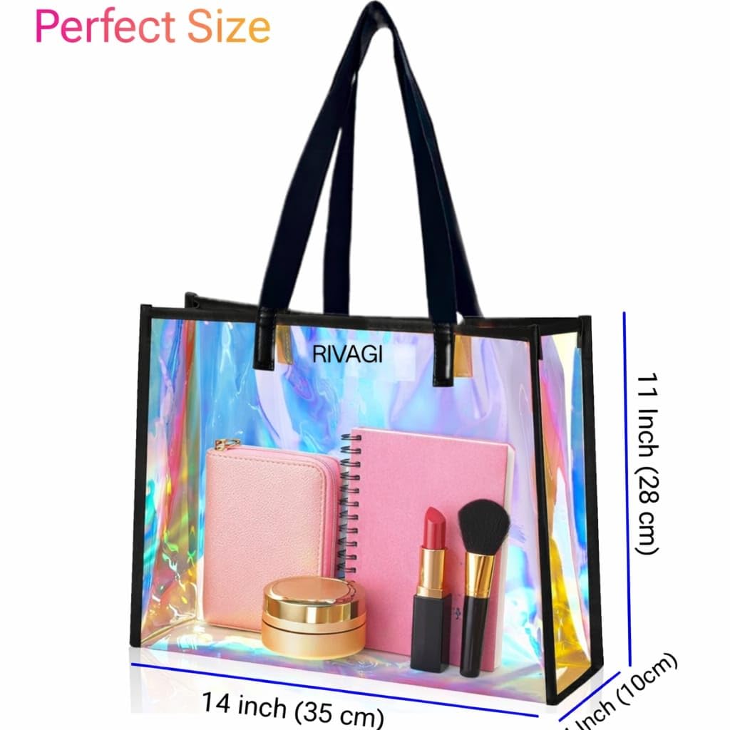 RIVAGI Beach Bag Transparent, Clear Tote Bag with Black Handles, Holographic Rainbow Design