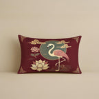 STITCHNEST Satin Cushion Covers Pack of 2 Oriental Flamingo & Lotus Print in Maroon and Gold, 12x18 Inch Decorative Cushion Set for Spiritual and Artistic Living Room Decor