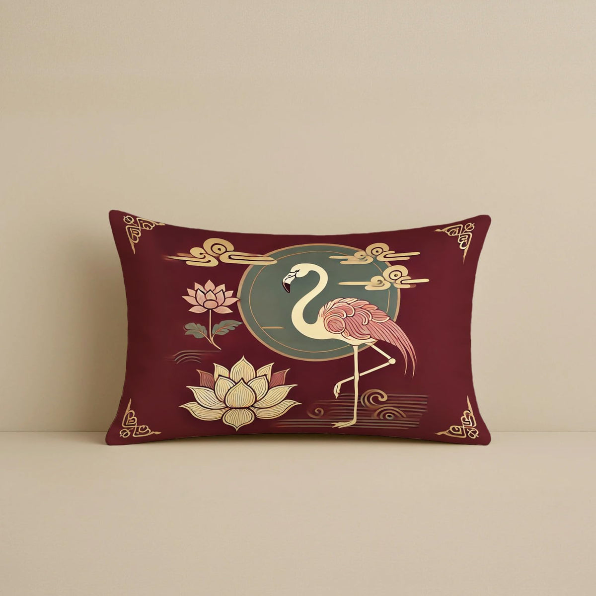 STITCHNEST Satin Cushion Covers Pack of 2 Oriental Flamingo & Lotus Print in Maroon and Gold, 12x18 Inch Decorative Cushion Set for Spiritual and Artistic Living Room Decor