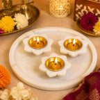 White Marble Tealight Candle Holders with Brass Interior, Set of 3 — Elegant Home & Festive Decor| Decor Items | Diya for Pooja, Decor and Special Occasion