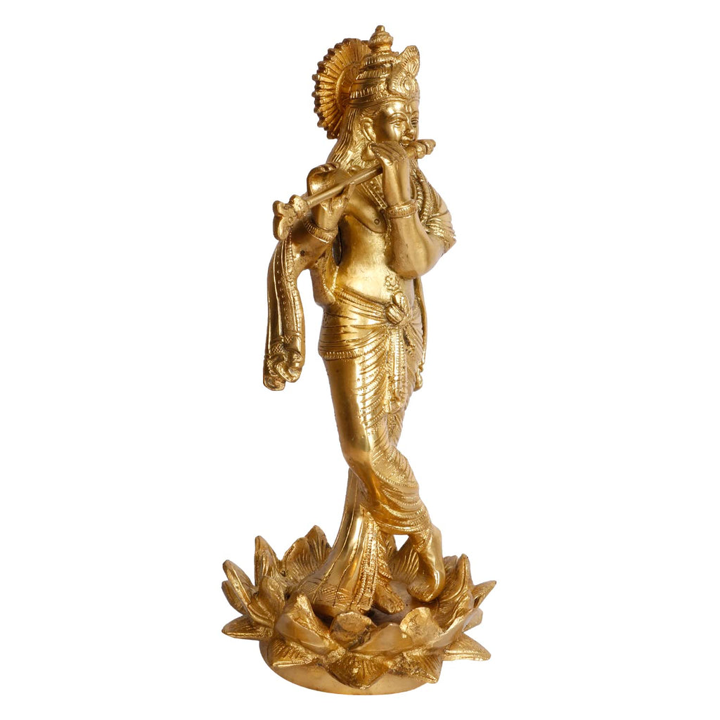 ARTVARKO Brass Krishna Statue Standing on Lotus Playing Flute God Religious Idol Figurine Home Decor Gold Color 11 Inches