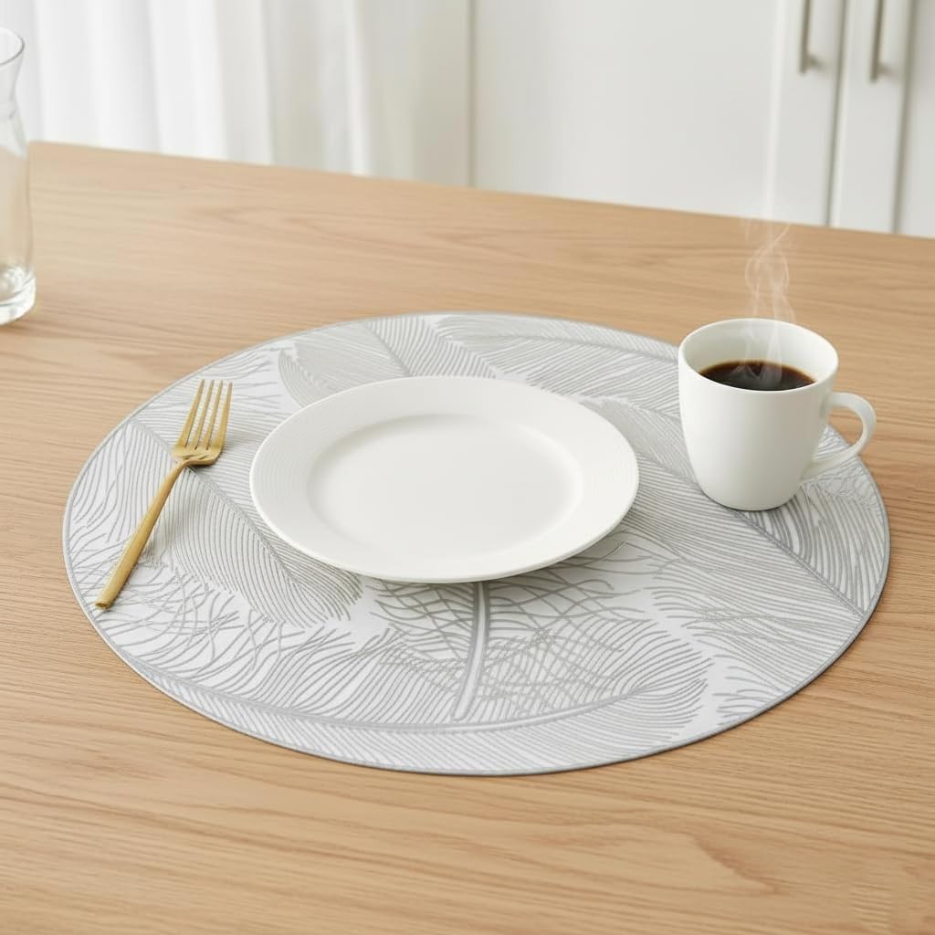 HomeCloud Round Table Mats for Dining | Elegant Cutwork Design Mat Set | Decorative Placemats for Dining, Dressing Table & Bedside | Heat Resistant & Washable (Leaf_Stem_Silver, 1)