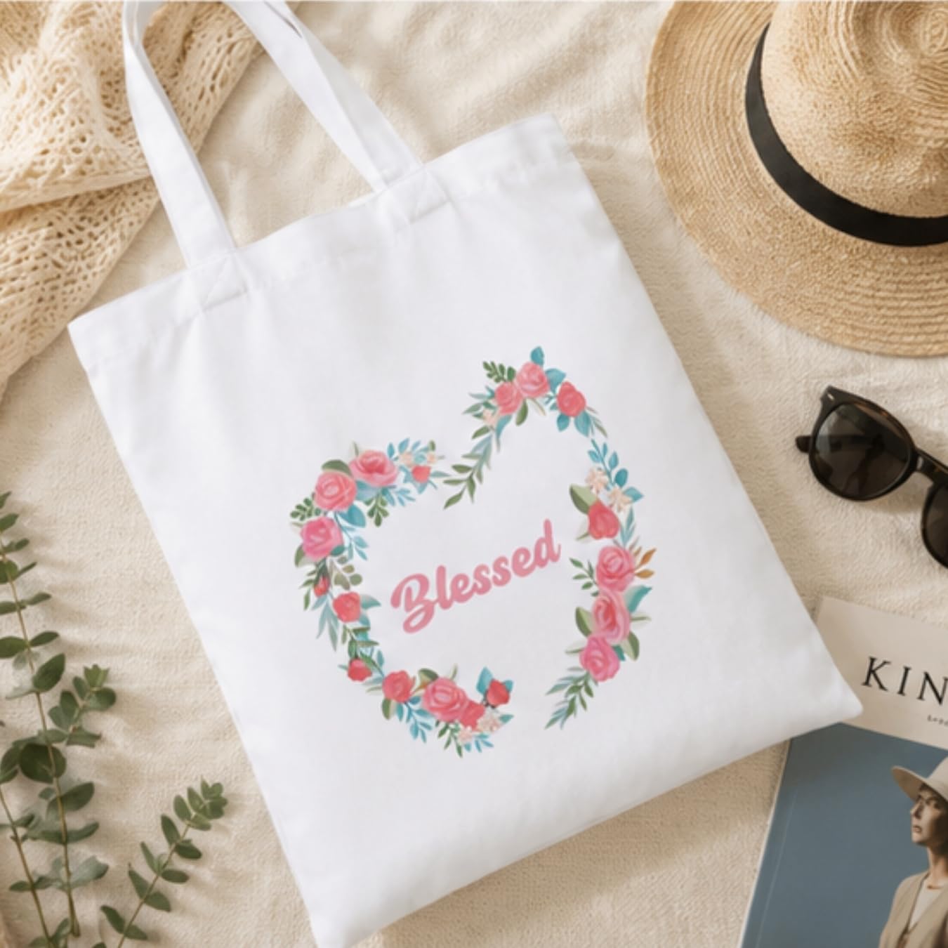 Adorvue Premium Reusable Floral Wreath Blessed Tote Bag Stylish Eco-Friendly Cotton Handbags, Canvas Bags for College, Shopping, Office, Travel, Grocery Runs, Beach Day and Casual Outing Pack of 1