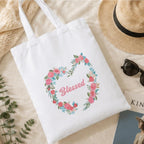Adorvue Premium Reusable Floral Wreath Blessed Tote Bag Stylish Eco-Friendly Cotton Handbags, Canvas Bags for College, Shopping, Office, Travel, Grocery Runs, Beach Day and Casual Outing Pack of 2