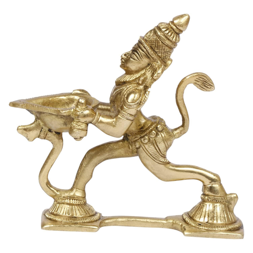 Svarup 4.5 Inch Gold Color Brass Hanuman Ji Aarti Deepak with Handle: Can be Used as Camphor Burner and Hand Held Arti Diya for Puja.