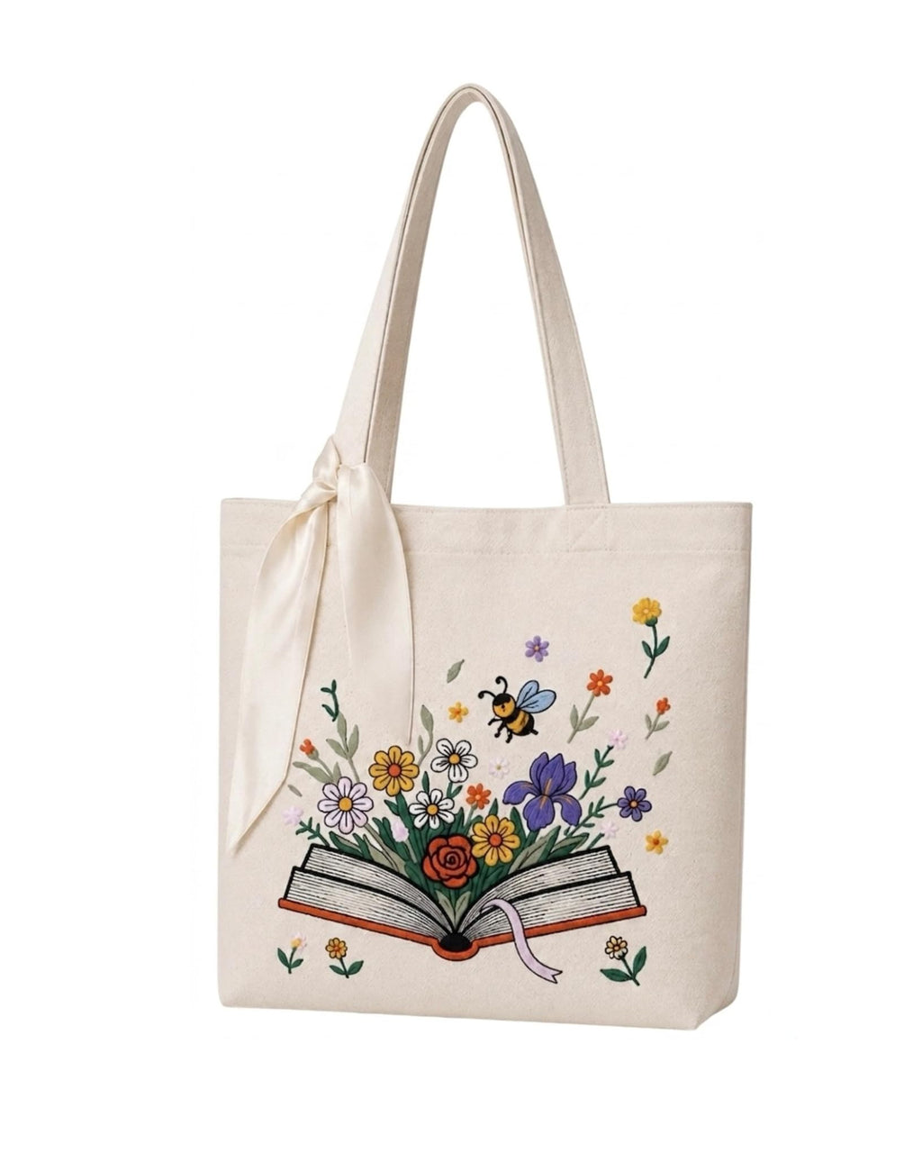 MASQ Premium ToteBag for Women with Zipper | Embroidered Foldable Shoulder Bag with Multiple Pockets | Spacious Handbag for College & Office | Eco-Friendly & Reusable (Tote_Bag_Floral_Book)