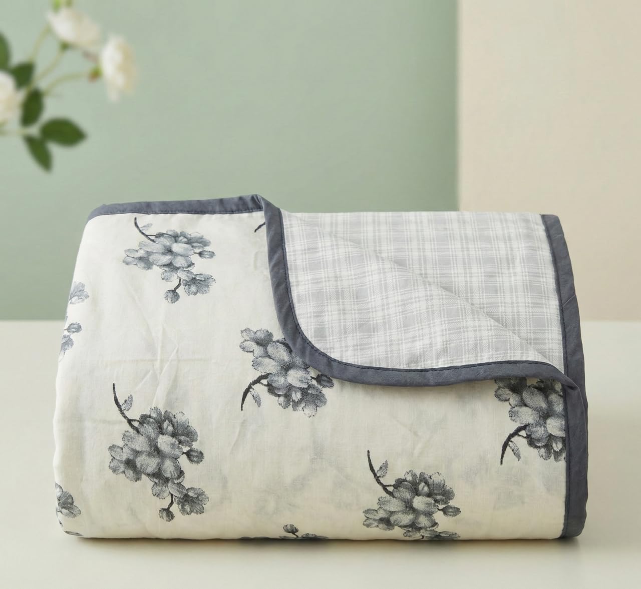 HomeCent Dohar Premium 100% Cotton Single Bed Botanical Cherry Blossom with Windowpane Plaid All Season Reversible Blanket Lightweight and Breathable Ac Blanket/for Bed|Indigo Blue - 220 x 146cms Kafalo